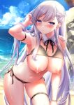  1girl 1girl :o arm_strap armpits azur_lane bangs bare_shoulders beach belfast_(azur_lane) big_breasts bikini bikini_lift bikini_pull black_bikini black_neckwear black_swimsuit blue_eyes blue_sky blush bracelet braid breasts clavicle cleavage clothes_lift clothes_pull clothing cloud cowboy_shot day detached_collar eyebrows_visible_through_hair french_braid gluteal_fold groin jewelry leaning_forward long_hair navel neck_ribbon nipples ocean one_arm_up outside pontaro18 ribbon rock side-tie_bikini sidelocks silver_hair skindentation sky standing stomach sweat swept_bangs swimsuit swimsuit_lift swimsuit_pull thigh_strap tied_hair 