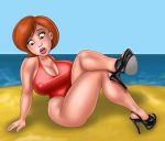  beach brown_hair cartoon_milf cleavage disney elastigirl helen_parr high_heels huge_breasts jem_(edits) nipples nipples_visible_through_clothing the_incredibles 