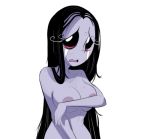  1girl black_hair breasts covering_breasts crying herny long_hair misery nude purple_skin ruby_gloom tears 