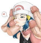 1girl bare_shoulders blue_hair cum cum_in_mouth cum_on_face dawn dawn_(pokemon) facial fellatio female gangbang hair happy_sex hat headgear heart hetero hikari_(pokemon) long_hair multiple_penises nintendo one_eye_closed oral penis penis_on_face pokemon reach025 white_background wink