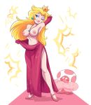 1girl big_breasts blonde_hair blue_eyes blush breasts cosplay crown dress earrings elbow_gloves eyeshadow feather_boa flashing gloves heels herny high_heels hips jewelry legs lips lipstick long_hair makeup necklace nintendo nipples one_eye_closed pose princess_peach simple_background smile super_mario_bros. toad_(mario) topless_female undressing very_long_hair wink