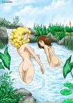  2_girls ass bitter_night blonde_hair breasts brown_hair candice_white candy_candy comic cute female_only hair looking_at_viewer looking_back multiple_girls nipples nude outside palcomix patricia_o&#039;brien short_hair water 