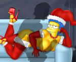 big_breasts big_penis blue_hair christmas grin marge_simpson milhouse_van_houten pearls red_lingerie shadow the_simpsons yellow_skin