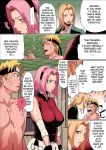  blonde_hair blush breasts brown_eyes censored colorization comic curvaceous eromanga fair-skinned_female fellatio forehead_jewel green_eyes haori headband high_resolution huge_breasts kunoichi manga_page nail_polish naru_love_2_(doujinshi) naruto naruto_(series) naruto_shippuden naruto_uzumaki ninja_headband nude oral penis pink_hair red_fingernails red_toenails sakura_haruno spanish_text sweat testicles text tsunade tsunade_senju 