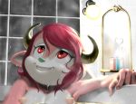 1girl bathing bathroom breasts buffalo_bell cute furry horns kaze_fukeba_nanashi mascot masturbation nipples nippon_professional_baseball orix_buffaloes pink_eyes pink_hair short_hair smile