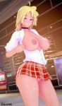  3d ahoge arrancon artist_name blonde_hair breasts energy_kyouka!! flashing gyaru high_resolution koikatsu nipples no_bra nopan school_uniform shiraishi_kyouka smile uniform 