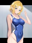  1girl alluring alternate_costume bare_legs bikini blonde_hair blue_eyes blue_one-piece_bikini braid cameltoe competition_swimsuit covered_navel crown_braid hair_ornament hairclip hand_up high_res highleg highleg_swimsuit looking_at_viewer medium_breasts nintendo one-piece_bikini one-piece_swimsuit parted_bangs parted_lips pointy_ears princess_zelda short_hair swimsuit the_legend_of_zelda the_legend_of_zelda:_tears_of_the_kingdom tsukiyuki_mike white_one-piece_swimsuit 