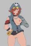  1girl artist_name borderlands borderlands_2 bottomless breasts breasts_out_of_clothes female_only gaige_(borderlands) goggles_on_head green_eyes grey_background hair_over_one_eye lock looking_at_viewer markydaysaid mechanical_arm nipples parted_lips pussy red_hair simple_background 