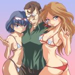  1boy 2girls ass bikini blue_eyes blue_hair breasts brown_eyes brown_hair butt_crack erect_nipples evil_grin evil_smile flat_chest girl_sandwich glasses glasses_on_head gojou_masaru grin hair inazuma_eleven inazuma_eleven_(series) long_hair micro_bikini multiple_girls nose otonashi_haruna pimp raimon_natsumi red_hair sandwiched short_hair smile string_bikini swimsuit ugly_man v wancozow 