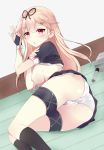 ass blonde blonde_hair blush fingerless_gloves gloves hair_ornament hair_ribbon hairclip kaetzchen kantai_collection long_hair nipples no_bra panties pleated_skirt pussy_juice red_eyes remodel_(kantai_collection) ribbon school_uniform serafuku shirt_lift skirt solo thigh_strap underwear undressing upskirt wet wet_clothes wet_panties white_panties yuudachi_(kantai_collection)