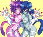 2girls anthro belly_button big_breasts big_ears blue_hair blue_skin blue_tail breast_press breast_squish breasts cat_ears cat_humanoid cat_tail catgirl claws cosplay curvaceous curvy curvy_figure darkstalkers dragon_ball dragon_ball_super duo duo_focus fangs felcia_cosplay felicia felicia_(cosplay) felicia_(darkstalkers) feline feline_humanoid female female_focus female_only hair hips hop_(dragon_ball) hourglass_figure humanoid kakunsa lewdamone long_ears long_hair looking_at_viewer mask masked medium_hair midriff navel pawpads paws purple_fur purple_hair purple_tail red_claws red_eyes sharp_claws sharp_teeth skimpy smile smiling smiling_at_viewer sweat sweaty symmetrical_docking tail teeth thick thick_thighs thighs two_tone_fur two_tone_tail wide_hips yellow_background yellow_eyes