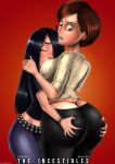 1girl 2_girls age_difference ass ass_grab back_view belt big_breasts black_hair black_nails bracelet breasts brown_eyes brown_hair bubble_butt butt_crack character_name closed_eyes clothed cover cowboy_shot dat_ass disney duo english_text female_only freckles gradient_background groping hair_over_one_eye head_between_breasts helen_parr huge_ass human incest jeans larger_female long_hair looking_back mother_&_daughter nail_polish older_female open_mouth pixar red_background shadman short_hair sideboob size_difference smaller_female t-shirt text the_incredibles thick_thighs thong url very_long_hair violet_parr watermark whale_tail wide_hips younger_female yuri