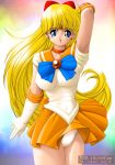 1girl aino_minako arm arm_up arms art babe bare_legs big_breasts bishoujo_senshi_sailor_moon blonde_hair blue_eyes bow breasts cameltoe choker earrings elbow_gloves gem gloves hair_bow high_res jewelry large_breasts legs leotard long_hair looking_at_viewer magical_girl minako_aino onoe open_mouth orange_skirt panties pantyshot ribbon sailor_venus school_uniform serafuku skirt smile standing tiara underwear very_long_hair white_gloves white_panties