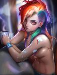 1_girl alternative_hairstyle breasts coffee coffee_mug earrings friendship_is_magic humanized jewelry looking_at_viewer multicolored_hair my_little_pony nipples rainbow_dash rainbow_hair sakimichan tattoo topless