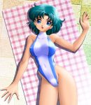 1girl ami_mizuno art babe bare_shoulders big_breasts bishoujo_senshi_sailor_moon blue_eyes blue_hair blue_swimsuit breasts clothed_navel covered_navel erect_nipples female female_only from_above high_res highleg_leotard leotard looking_at_viewer lying lying_on_back mizuno_ami mound_of_venus one-piece_swimsuit onoe open_mouth sailor_mercury sailor_moon shiny shiny_hair short_hair smile solo swimsuit towel white_swimsuit