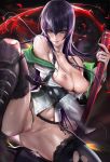 1girl areolae bare_shoulders big_breasts black_legwear blood blue_eyes blush bottomless breasts breasts_outside busujima_saeko female functionally_nude gakuen_mokushiroku:_highschool_of_the_dead garter_straps highres highschool_of_the_dead katana lingerie long_hair nipples purple_hair pussy saeko_busujima sakimichan school_uniform solo spread_legs stockings sweat sword thighhighs torn_clothes torn_thighhighs uncensored underwear very_long_hair weapon