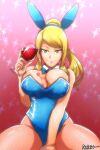 1girl akairiot beauty_mark bimbo blonde_hair bowtie breasts bunny_costume bunny_ears bunny_girl bunnysuit cleavage detached_collar female_only fishnet fishnets fully_clothed green_eyes huge_breasts human leotard looking_at_viewer metroid mole nintendo samus_aran voluptuous wine wine_glass wrist_cuffs