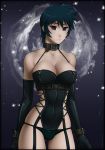 1_girl 1girl art artist_request babe big_breasts black_clothes black_eyes black_gloves black_hair breasts cleavage collar cosplay dominatrix elbow_gloves empty_eyes gloves kaze_no_stigma kudou_nanase large_breasts latex latex_clothes latex_gloves legs looking_at_viewer outfit revealing_clothes short_hair zipper