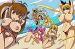 6girls ass beach big_breasts blazblue blonde_hair breasts brown_hair hair kokonoe long_hair looking_at_viewer makoto_nanaya manic47 nipples noel_vermillion ocean pink_hair platinum_the_trinity pussy rachel_alucard smile taokaka topless