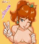 1girl 2015 blue_eyes blush breasts brown_hair crown cute earrings exposed_breasts finger_wag gloves jewelry nintendo nipples one_eye_closed ponytail princess_daisy revtilian smile solo super_mario_bros. topless wink