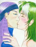 2boys art bare_shoulders blue_eyes blush closed_eyes clothed_male_nude_male fire_emblem fire_emblem:_rekka_no_ken fire_emblem_7 fire_emblem_blazing_sword green_hair hair half-closed_eyes hand_on_shoulder headband heath_(fire_emblem) kiss kissing legault_(fire_emblem) long_hair looking_at_another multicolored_hair multiple_boys neck nintendo nude purple_hair two-tone_hair upper_body white_hair wyvern_rider yaoi