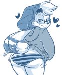  1girl 2015 anthro ass blush clothing duckdraw edna_mallard eyewear furry glasses hat headgear heart hoodie lagomorph looking_back mammal monochrome panties rabbit shaking_butt simple_background smile striped_panties underwear white_background 