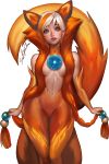 1girl animal_ears blue_eyes braid curvy fire firefox fox_ears fox_tail fur hair_censor looking_at_viewer mozilla_firefox multicolored_hair navel orange_(color) orange_hair personification sakimichan signature small_breasts solo tail twin_braids white_background white_hair wide_hips