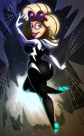  1girl blonde_hair blue_eyes cave cosplay darlene darlene_(gravity_falls) disney earrings ghost_spider gloves gravity_falls gwen_stacy halloween long_hair looking_back marvel marvel_comics monster shiny shiny_skin smile spider-gwen spider-gwen_(cosplay) spider-man:_into_the_spider-verse spider-man_(series) sunglasses web 