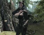 1girl 3d ass batman:_arkham_city batman_(series) big_ass big_breasts breasts catwoman choker clothes cosplay dc dc_comics female fuckable gloves grass hand_on_head mask mod mushroom nipples outdoors outside selina_kyle skin_tight_suit skyrim solo the_elder_scrolls tree trees zipper