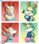  animal_crossing anthro big_breasts blonde_hair blue_eyes boxers breasts bunny bunny_boy bunny_girl deer deer_girl digital_media_(artwork) erection fangs furry green_body hooves horn jacket jackintaro kimono looking_at_viewer nintendo sasha_(animal_crossing) shino_(animal_crossing) simple_background white_fur yellow_eyes 