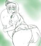 1girl ass big_ass blush bob_cut breasts bubble_butt curvy d: dxyuzu from_behind gradient gradient_background hairband huge_ass konpaku_youmu konpaku_youmu_(ghost) looking_at_viewer looking_back monochrome necktie open_mouth panties pantyshot plump self_hug short_hair sketch skirt solo tears thick_thighs thighs touhou underwear vest wide_hips