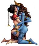 2_girls barefoot black_hair blasphemous_art blue_skin brown_hair closed_eyes extra_arms headdress hinduism kali kissing lesbian mythology necklace sita yuri