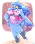  1girl 2015 anthro avian big_breasts bird blue_eyes blue_feathers blue_hair blush bow breasts clothing feathers furry hair japanese_text lingerie long_hair nipples pussy ribbons solo text translucent transparent_clothing ymbk 