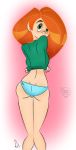 2015 ass blue_panties blush cute disney feathers-ruffled from_behind green_eyes kim_possible kimberly_ann_possible looking_at_viewer looking_back panties red_hair shirt_lift shy undressing