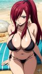 1girl ai_generated beach big_breasts bikini breasts erza_scarlet fairy_tail looking_at_viewer navel stable_diffusion