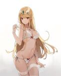 1girl aiko_(kanl) alluring backlighting bangs big_breasts blonde_hair bra breasts brown_eyes cleavage commentary cowboy_shot eyebrows_visible_through_hair gluteal_fold hairband long_hair looking_at_viewer medium_breasts mythra mythra_(xenoblade) navel nintendo panties side-tie_panties sidelocks standing stockings strap_slip swept_bangs underwear underwear_only voluptuous white_bra white_legwear white_panties xenoblade_(series) xenoblade_chronicles_2