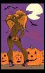 1girl ass bat bikini bodypaint bracelet fingerless_gloves full_moon gloves goblin goblin_female green_eyes halloween high_heel jack-o&#039;-lantern looking_back monster moon orange_hair paint pumpkin smile thong twin_tails