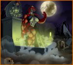  1girl abs anthro bat breasts cleavage cosplay dinosaur fang_matos full_moon gargoyle graveyard halloween lordstevie male monster moon muscle orange_eyes original reptile scale skull vampire zombie 