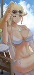 1girl adjusting_glasses alluring alternate_costume arm_up bangs beach big_breasts bikini blonde_hair blush breasts chair cleavage cloud cup earrings eyebrows_visible_through_hair female_only food fruit glowing hikari_(xenoblade_2) jewelry juice lemon long_hair looking_at_viewer mebi_(mebieru) mebi_il mythra mythra_(xenoblade) navel nintendo ocean one_eye_closed ponytail pose sand sea shadow shiny shiny_skin sitting sky solo_female sunglasses swept_bangs swimsuit table tongue tongue_out umbrella voluptuous wet white_bikini xenoblade_(series) xenoblade_2 xenoblade_chronicles xenoblade_chronicles_2 yellow_eyes