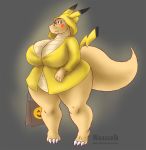 1girl anthro bag bbw blue_eyes breasts chubby cleavage cosplay cute dragon dragonite dress halloween hips hood hoody huge obese pikachu plump pokemon scale smile thick weasselk wide_hips