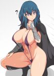  1girl alluring big_breasts blue_eyes breasts byleth_(fire_emblem) byleth_(fire_emblem)_(female) cape crouching female_only fire_emblem fire_emblem:_three_houses gauntlets nintendo nipple_bulge revealing sling_bikini slingshot_swimsuit squatting string_bikini swimsuit teal_hair thick_thighs thighs u2_(user_pupx8327) 