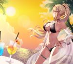  1girl alluring big_breasts bikini black_bikini blonde_hair bracelet breasts cherry_(fruit) choker cleavage cloud cocktail drink drinking_straw earrings female_focus food fruit glass high_res jewelry long_hair matching_hair/eyes mebi_(mebieru) mebi_il mythra mythra_(xenoblade) navel nintendo ocean palm_tree ponytail sideboob skindentation sky standing sunglasses sunglasses_on_head sunset swimsuit thigh_strap tree voluptuous xenoblade xenoblade_(series) xenoblade_chronicles_2 yellow_eyes 