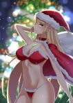 1girl absurd_res alluring alternate_costume arm_up bikini blonde_hair blurry blurry_background breasts cape christmas christmas_tree cleavage earrings female_focus gem hat high_res jewelry long_hair looking_at_viewer mebi_(mebieru) mebi_il mythra mythra_(xenoblade) navel night nintendo one_eye_closed panties pose smile swimsuit teeth thighs tree underwear very_long_hair voluptuous xenoblade_(series) xenoblade_chronicles_2 yellow_eyes