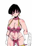  1girl adapted_costume big_breasts bikini black_hair blush bob_cut breasts brown_eyes cleavage dragon_ball dragon_ball_z earrings erect_nipples fasha gloves hair heart jewelry large_breasts looking_at_viewer micro_bikini monkey_tail nipples rickert_kai seripa shiny shiny_skin short_hair single_thighhigh solo swimsuit tail thighhighs underboob white_gloves 