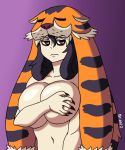 1girl black_hair breast_hold breasts brian12 brian_libunao commentary covering covering_breasts female fingernails indivisible large_breasts long_fingernails looking_at_viewer nail_polish navel nude purple_eyes razmi_(indivisible) sharp_fingernails solo tiger tiger_pelt tiger_skin