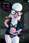  2016 anthro blood bra caprine clothed clothing dawn_bellwether dialogue disney drugs eyewear fur furry glasses green_eyes looking_at_viewer mammal navel newd nosebleed open_shirt panties sheep underwear white_fur zootopia 