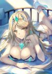  1girl ahoge alluring ass bare_shoulders bed big_breasts blonde_hair blush breast_press breasts chromatic_aberration circlet cleavage cleavage_cutout clothing_cutout day gem high_heels hinot indoors long_hair looking_at_viewer lying mythra mythra_(xenoblade) neon_trim nintendo on_stomach one-piece_swimsuit shiny shiny_hair shiny_skin simple_background smile swimsuit tiara voluptuous xenoblade_(series) xenoblade_chronicles_2 yellow_eyes 