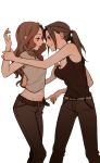 2girls arm arms art artist_request bare_arms bare_shoulders belt blush breast_grab breasts brown_hair cleavage eye_contact hair light_brown_hair long_hair looking_at_another love multiple_girls mutual_yuri nail_polish open_mouth pants ponytail shirt smile t-shirt tank_top yuri