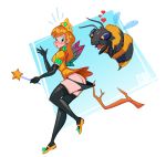 1girl bee black_panties blue_eyes bug fairy flying gloves hair heart long_hair looking_back male panties panties_pulling shiny shiny_skin smile stockings surprise tiara tongue wardrobe_malfunction wings yellow_eyes