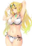  1girl alluring arms_up bangs big_breasts bikini blonde_hair blush bra breasts cleavage commentary_request cowboy_shot eyebrows_visible_through_hair gem hair_lift head_tilt headpiece high_res long_hair looking_at_viewer mythra mythra_(xenoblade) nagayori nintendo panties pink_lips ribbed_bra ribbed_panties shiny shiny_skin side-tie_panties simple_background standing stomach swept_bangs swimsuit thighs tiara underwear voluptuous white_background white_bra white_panties xenoblade_(series) xenoblade_chronicles_2 yellow_eyes 